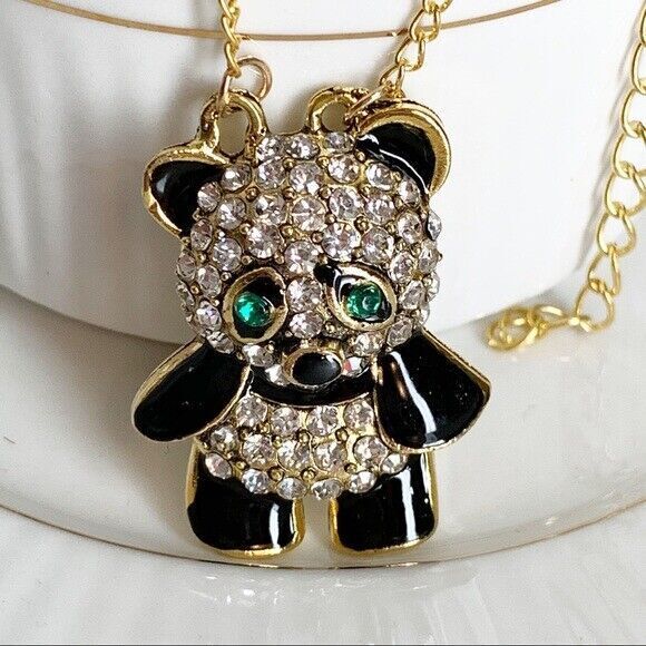 NEW Black White Rhinestone PANDA BEAR Long Necklace Green Eyes Gold Chain NWT - Picture 3 of 7